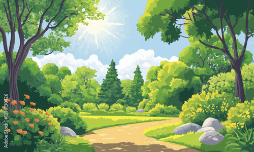 A contemporary cartoon scene showing a spring mountain river with old cherry blossom trees. The picturesque view includes blue water, pink petals from cherry blossoms, grass-covered hills, glaciers