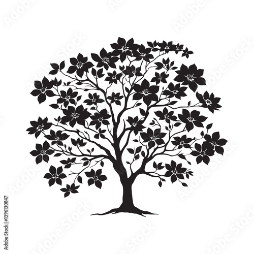 Dogwood Tree Vector Silhouette, Beautiful Nature Tree Outline, Spring-Inspired Clipart for Wall Art, Logos, Stickers, Apparel, Digital Prints, Crafts, Posters, and Home Decor.
