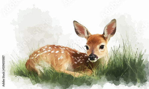 A cute deer is lying in the grass. Painting with watercolor.
