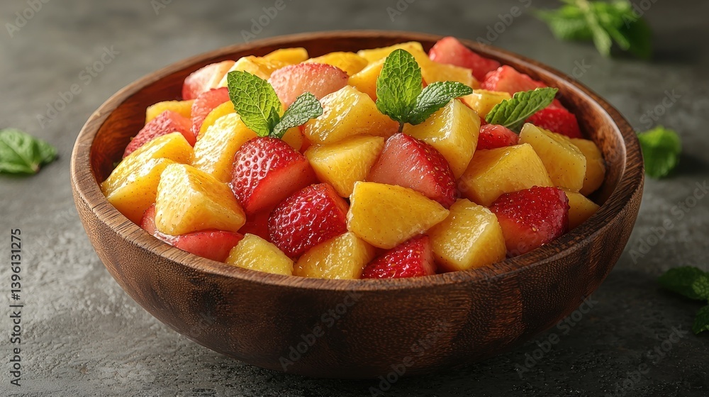 Fresh fruit salad in a wooden bowl Fresh fruit salad in a wooden bowl
