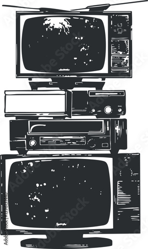A vintage stack of retro televisions and video equipment showcasing classic technology from the past.