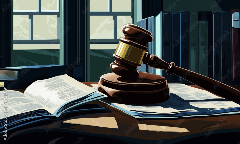A judge gavel with law books and legal documents on a desk, representing business legislation, legal enforcement officers, and the examination of evidence-based cases in court.