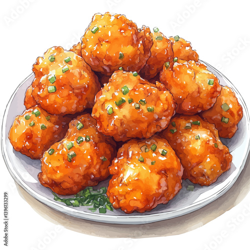 Korean Fried Chicken, watercolor illustration, isolated on a white background.

