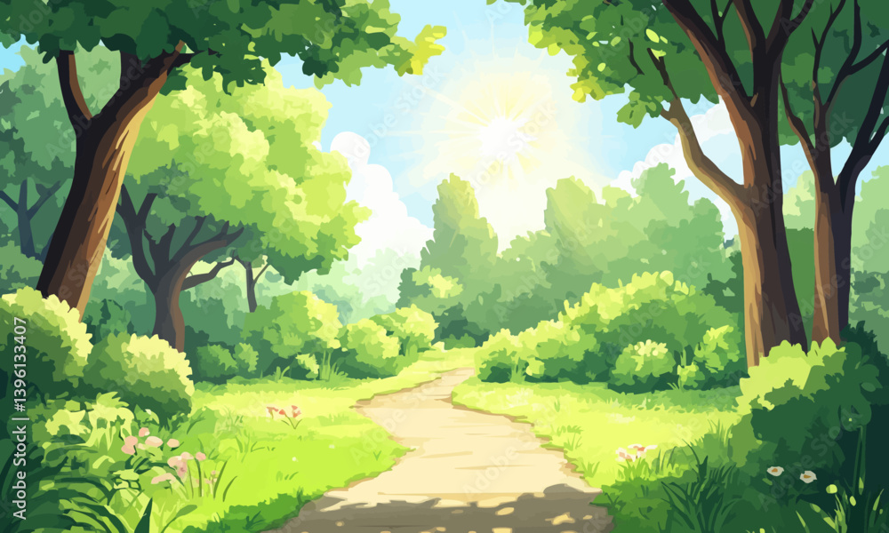 A scene showing a forest path lined with grass, vibrant green trees, bushes, and a brilliant sun shining on a sunny day.