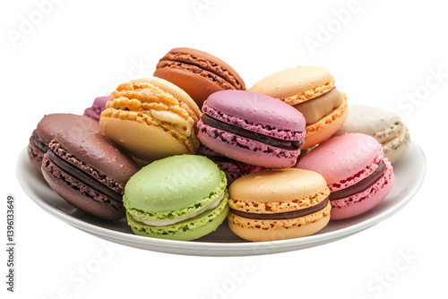 Assorted macarons elegantly arranged on a pristine white plate on transparent background