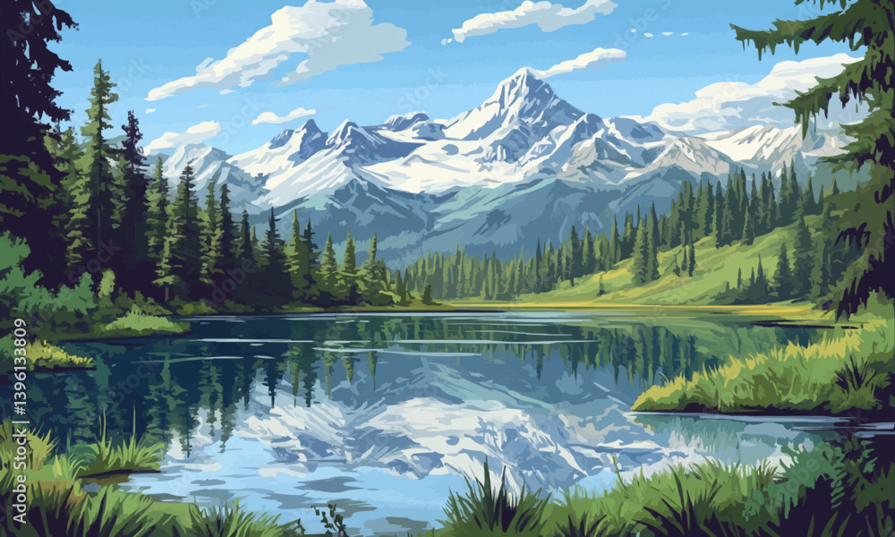 A serene mountain lake reflects the snow-capped peaks and lush green forest, creating a peaceful and majestic natural scene.