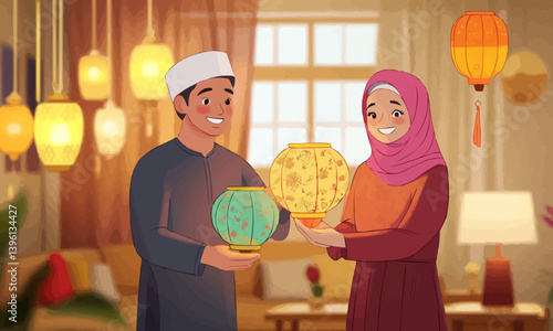 A Muslim couple joyfully setting up colorful lanterns in their cozy living room in preparation for the beautiful Ramadan festivities