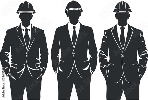 Silhouette of three business professionals wearing suits and hard hats representing teamwork and leadership.