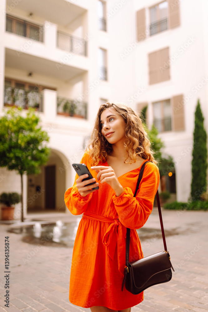 Fototapeta premium Beautiful woman in a stylish bright dress walks with her phone along a sunny embankment. A young tourist blogs, enjoys the weather on vacation. Travel concept, blogging.