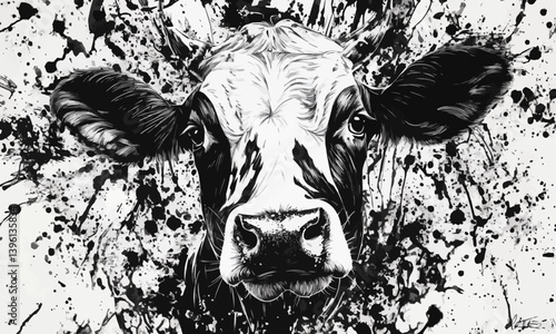 A striking black-and-white illustration of a cow's face, featuring intricate details and bold ink splatters in the background