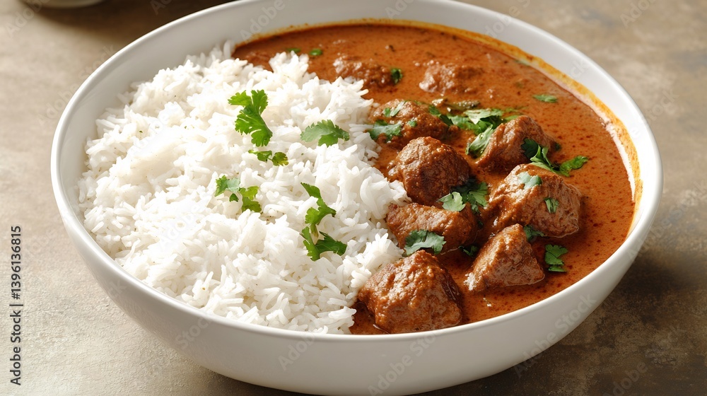 Spicy bowl of vindaloo curry featuring tender pieces of meat and thick aromatic gravy served with rice Spicy bowl of vindaloo curry featuring tender pieces of meat and thick aromatic gravy served with rice