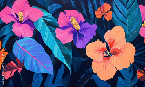 A vibrant and colorful illustration of a tropical floral scene, featuring large leaves and blooming flowers in shades of pink, blue, and orange.