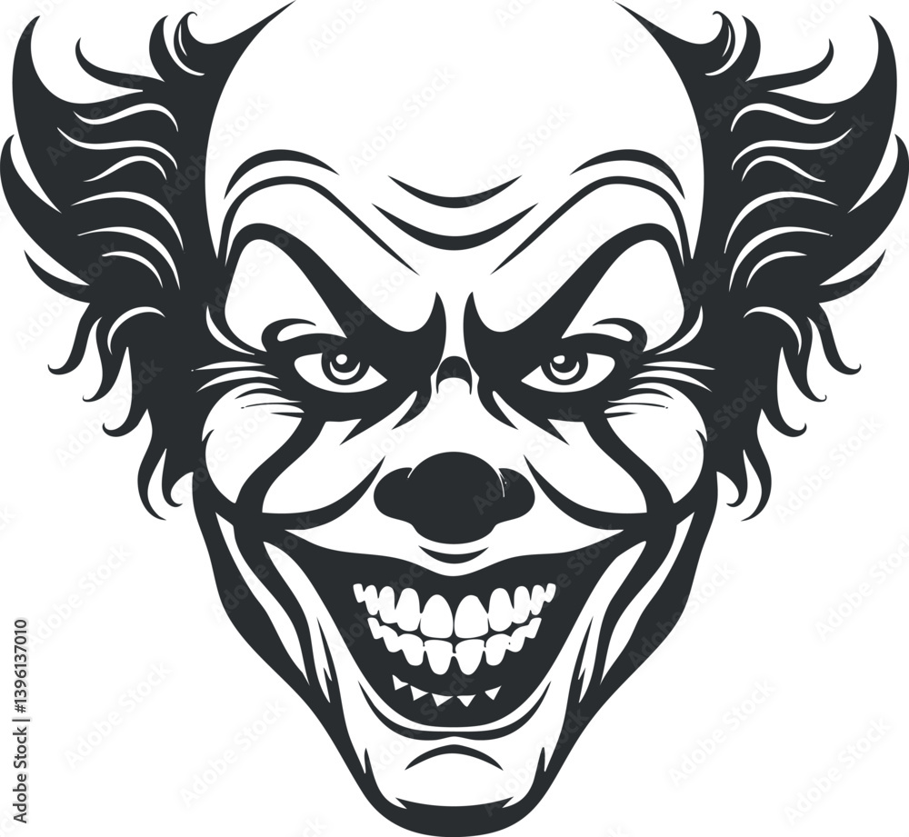 Fototapeta premium A spooky clown face illustration featuring a creepy grin and wild hair for horror themes.