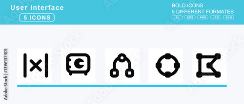 Set of 5 bold user interface icons,user, time, visor, utensils, v, value, absolute