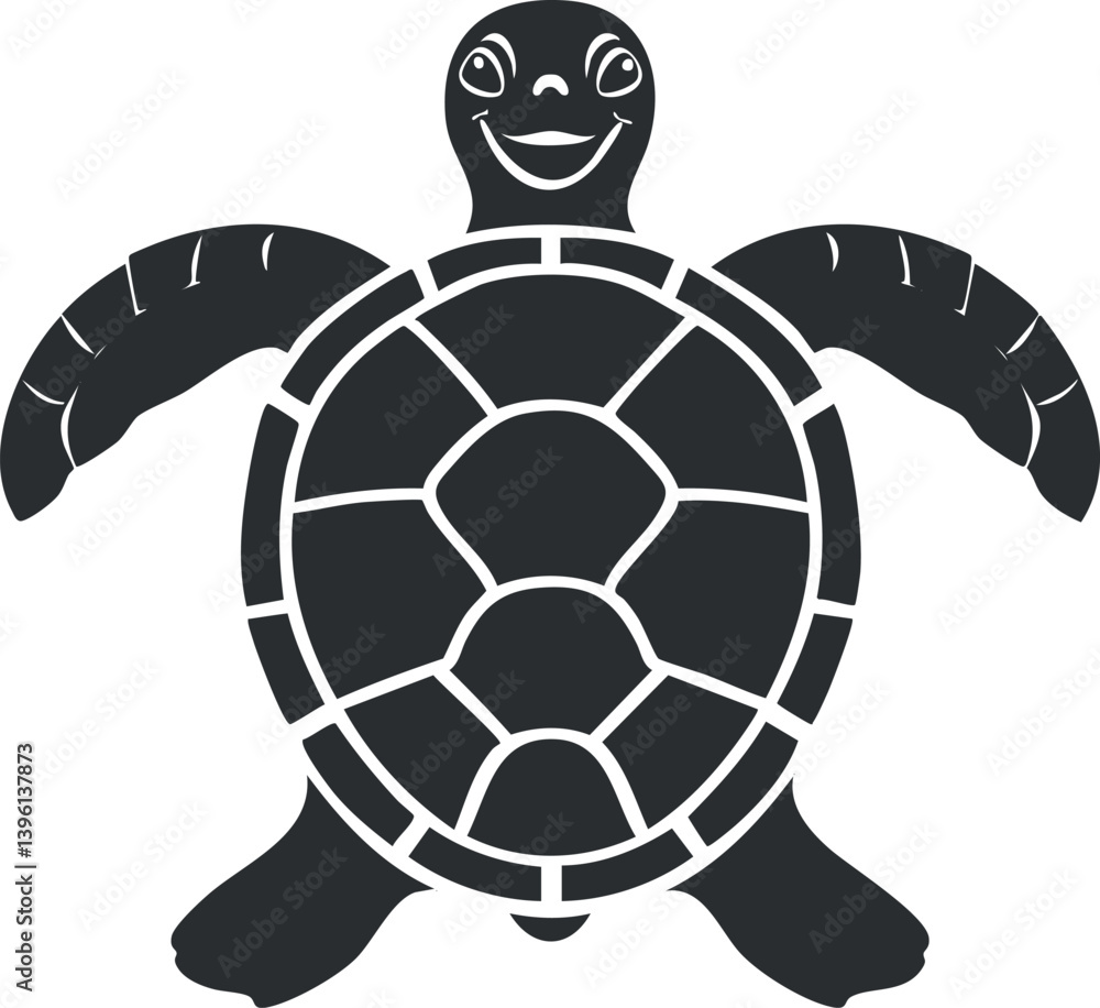Obraz premium A playful cartoon turtle illustration with a smiling face and a detailed shell design.