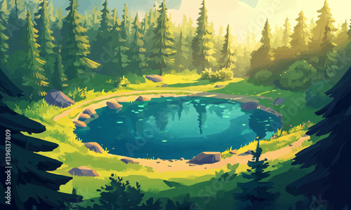 A vibrant summer forest scene unfolds with a crystal clear lake nestled on a sunlit glade surrounded by lush trees and a winding path