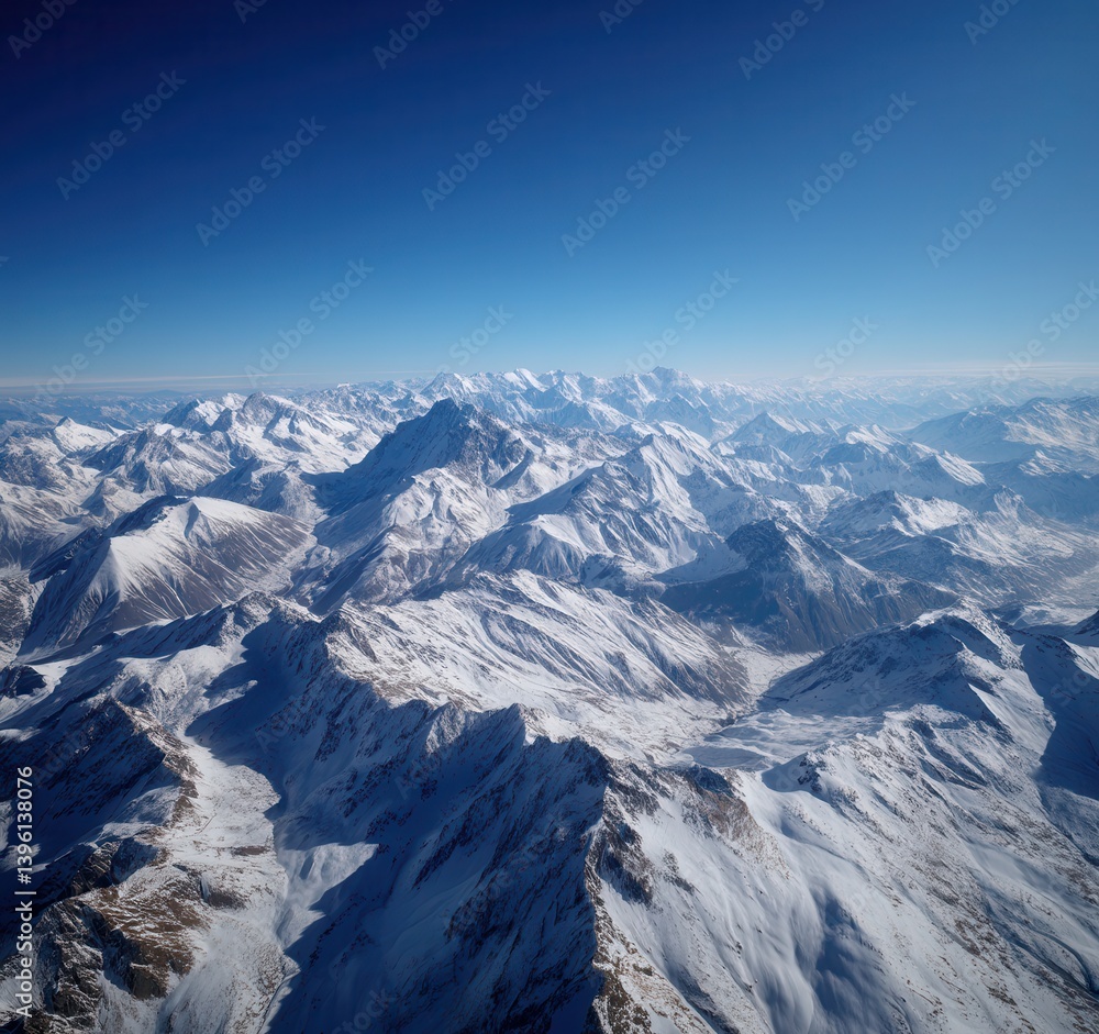 Fototapeta premium Expansive snow-covered mountain range under clear blue skies.