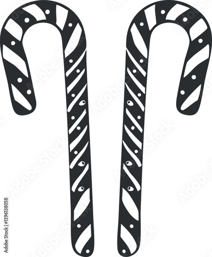 Illustration of two black and white striped candy canes perfect for holiday decorations.