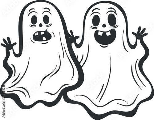 Two cheerful cartoon ghosts waving with smiles perfect for Halloween decorations or themed events.