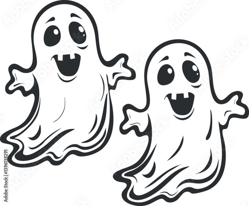 Two cute cartoon ghosts with happy expressions perfect for Halloween decorations or celebrations.