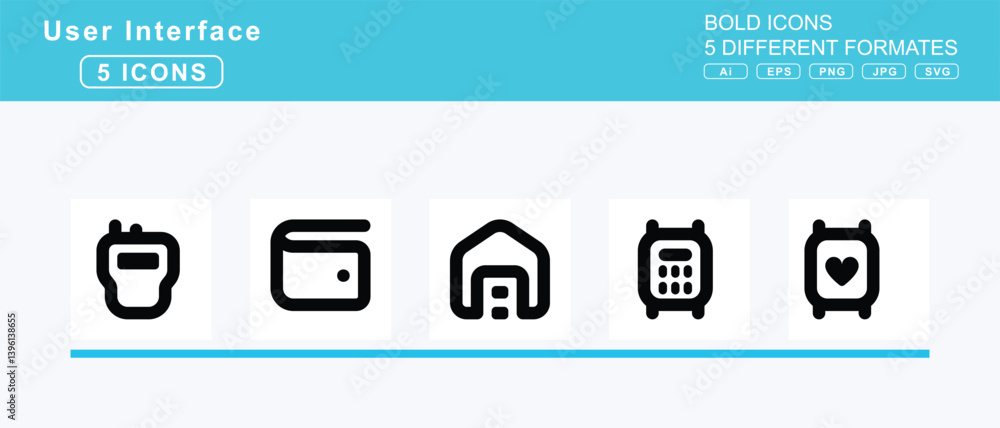 Set of 5 bold user interface icons,vote, yea, w, wagon, covered, walker, walkie, talkie Set of 5 bold user interface icons,vote, yea, w, wagon, covered, walker, walkie, talkie