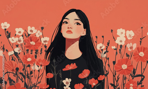A young woman with long black hair, depicted in a minimalist art style similar to an illustration, stands amidst tall, blooming flowers that reach up