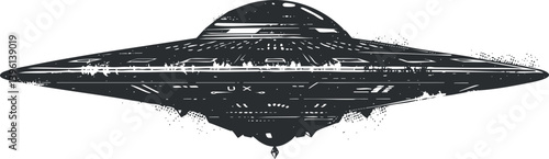 A stylish illustration of a UFO or flying saucer with a sleek design and cosmic theme.