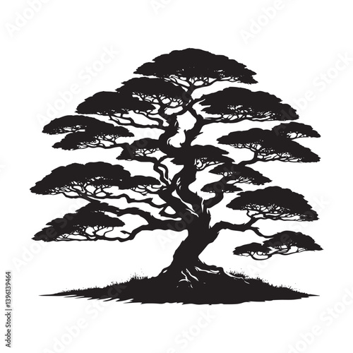 Juniper Tree Vector Silhouette, Hardy Evergreen Tree Outline, Nature-Inspired Clipart for Wall Art, Logos, Stickers, Apparel, Digital Prints, Crafts, Posters, and Home Decor.