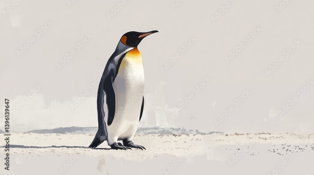 Naklejka premium Majestic King Penguin on Antarctic beach, subtle background, wildlife illustration