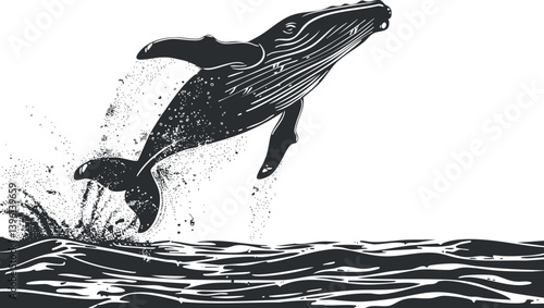 A dynamic illustration of a whale breaching the ocean surface creating splashes of water.