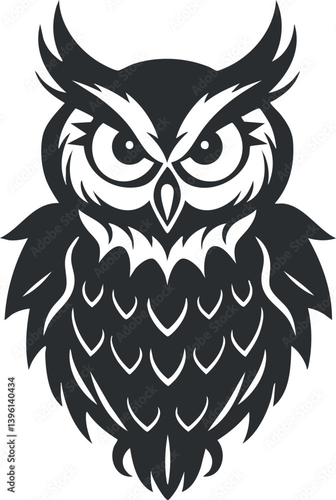 Obraz premium Stylized black owl illustration with intricate feather patterns and expressive eyes.