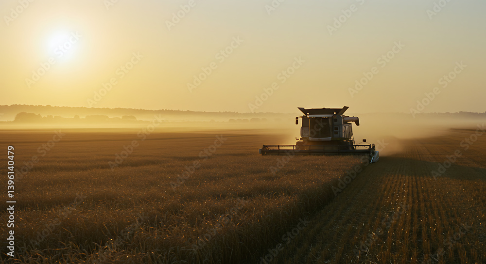 Naklejka premium Golden wheat field at sunrise with a modern combine harvester in action 35mm
