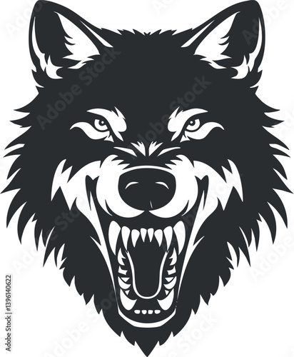A fierce and aggressive wolf head illustration showcasing sharp teeth and intense eyes.