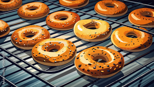 Selective focus of freshly baked bagels set to cool on a steel cooking rack.