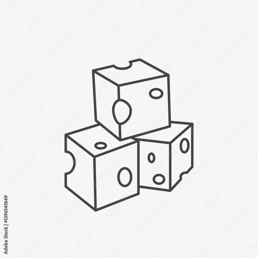 Obraz premium Cheese blocks with holes linear icon. Cheese cub appetizer for buffet. Supplement to wine. Vector illustration on white background