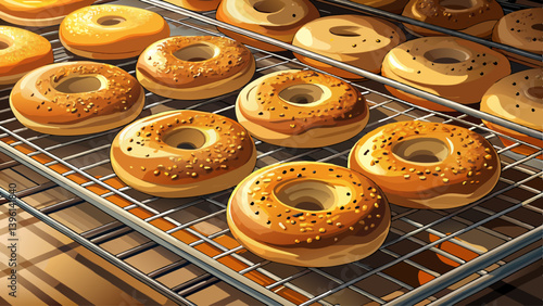 Selective focus of freshly baked bagels set to cool on a steel cooking rack.