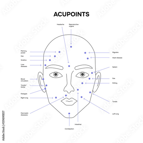 Acupoints. Reflexology concept. Female face with acupuncture needles and projection of internal organs. Vector illustration. 
