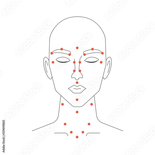 Face Points for Acupuncture. Reflexology concept. Young woman head line icon. Vector illustration. 