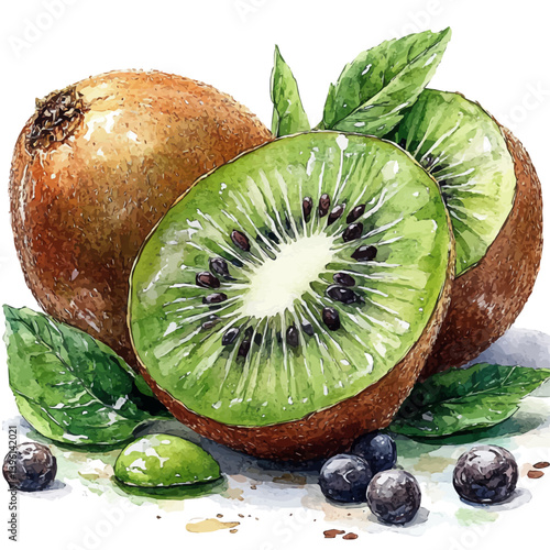 Kiwi, watercolor illustration, isolated on a white background.

