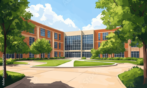 An exterior view of a public school building yard. College or university architecture, an outdoor view of a campus, high school construction, college or university landscape design.