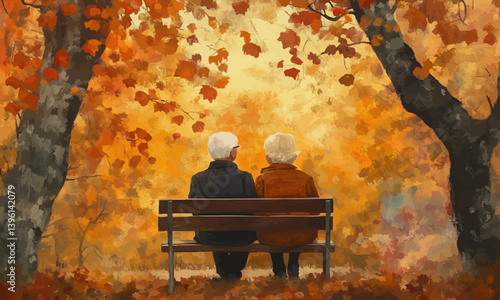 An elderly couple sits together on a park bench, surrounded by autumn leaves, sharing a moment of companionship and love.