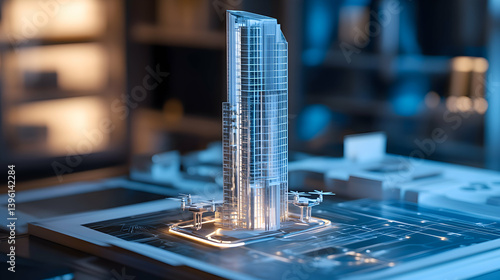 A futuristic skyscraper model with automated drone landing zones, displayed on a table with digital blueprints