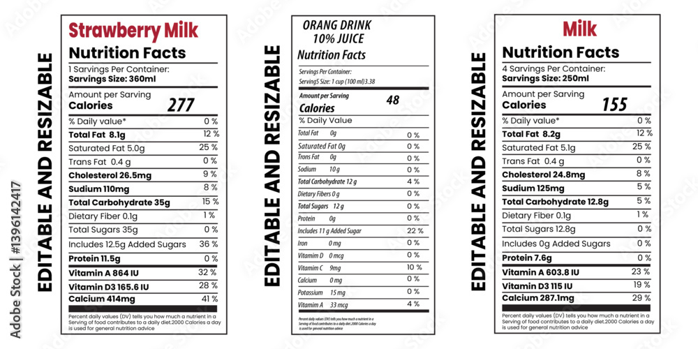 Fototapeta premium Nutrition Fact Comparison Strawberry ,Milk and Mango, Healthy Choice Breakdown Understanding Labels Nutritional Value for Consumers