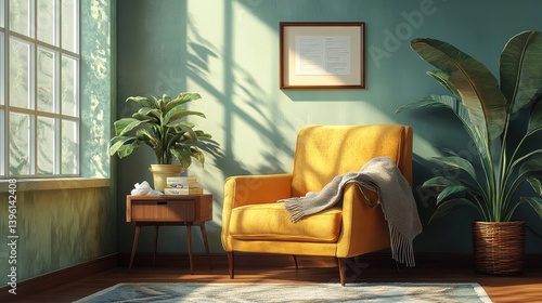 A cozy counseling office with a comfortable armchair, a soft throw blanket, and a small side table with a potted plant and a box of tissues.