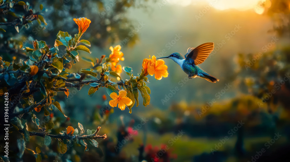 Fototapeta premium A peaceful dawn scene where a small hummingbird sips nectar from a flower, kissed by the soft sunshine of early morning.