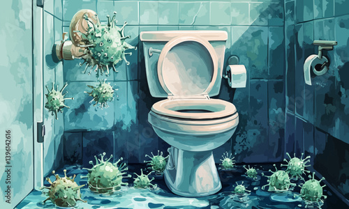 An illustration showing critical points of hygiene on bathroom toilet seats, germs and the bathroom