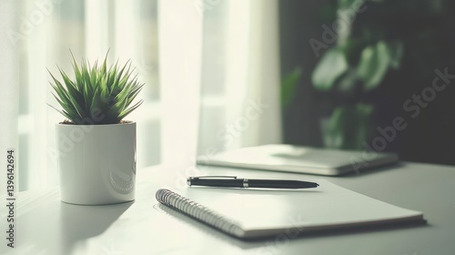 Wallpaper Mural A minimalist desk with a journal, a pen, and a small succulent plant in a counseling office. Torontodigital.ca