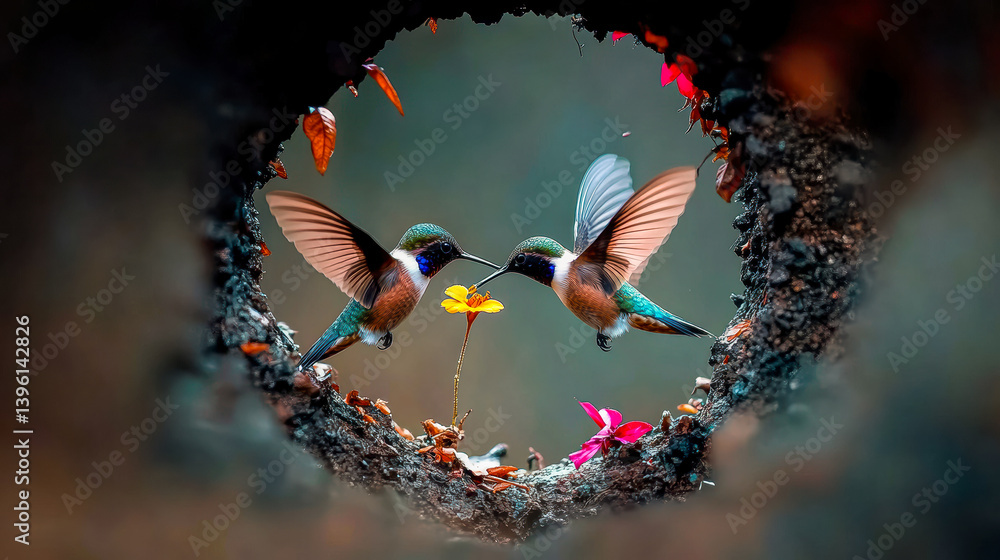 Fototapeta premium Sunrise casts a warm hue as a hummingbird pauses at a yellow bloom, its iridescent feathers lit by the morning glow.