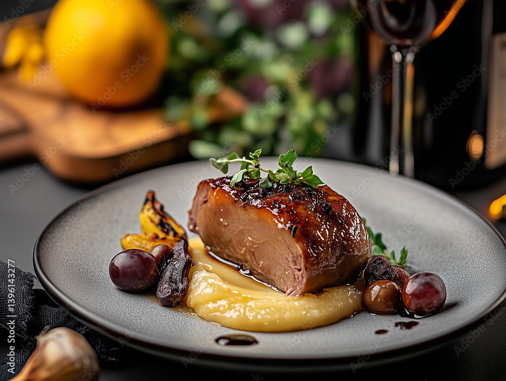Roasted duck breast with mashed potatoes, grapes and thyme on elegant plate