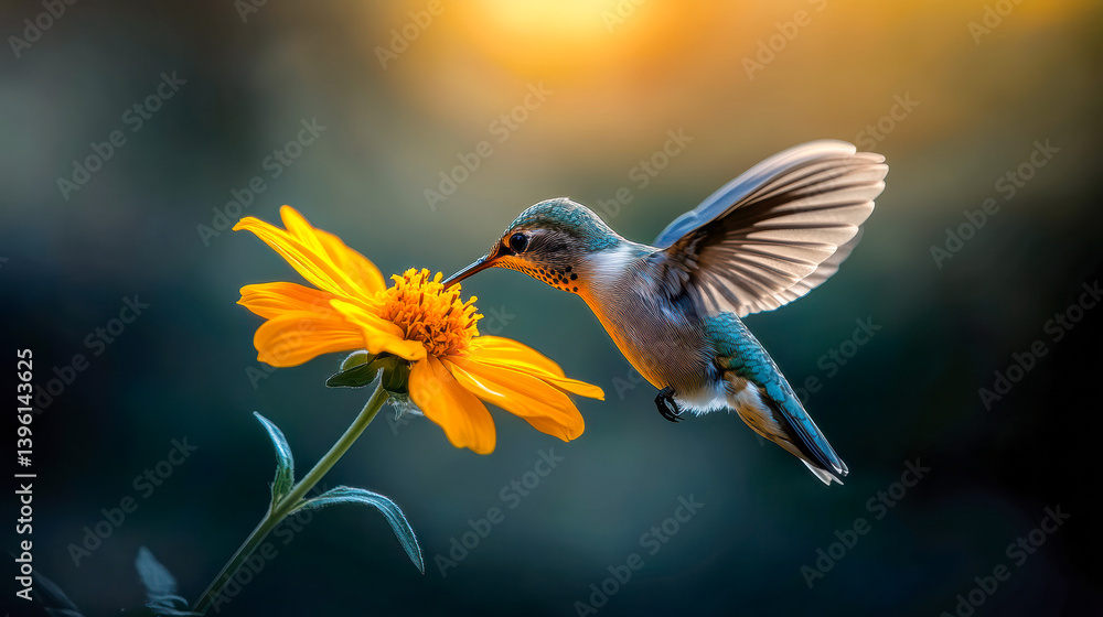 Fototapeta premium Morning sunlight glows softly as a tiny hummingbird drinks nectar from a golden bloom, wings blurred in gentle motion.